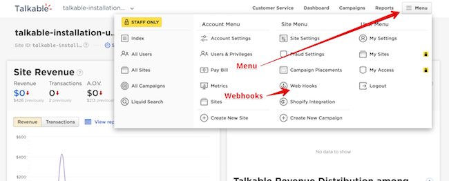 Webhooks Menu Item